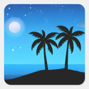 Tropical Island Silhouette med Måne och Stars Fyrkantigt Klistermärke