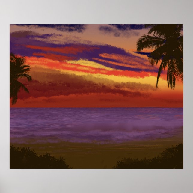 Tropical Island Sunset Digital Art Poster (Framsidan)