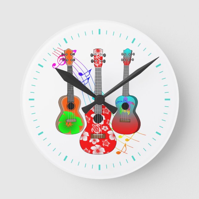 Tropical Island Ukulele Player Music Rund Klocka (Framsida)