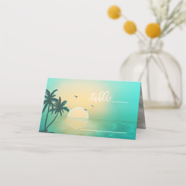 Tropical Isle Sunrise Bröllop Bord Teal ID581 Placeringskort (Framsida)