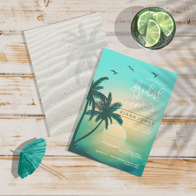 Tropical Isle Sunrise Bröllop Teal ID581 Inbjudningar (Front/Back In Situ)