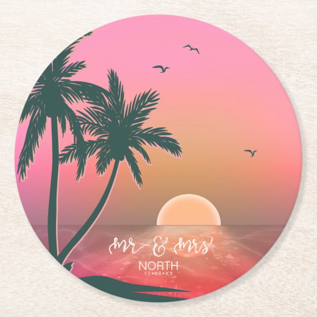 Tropical Isle Sunrise Mr & Mrs Rosa ID581 Underlägg Papper Rund (Framsidan)