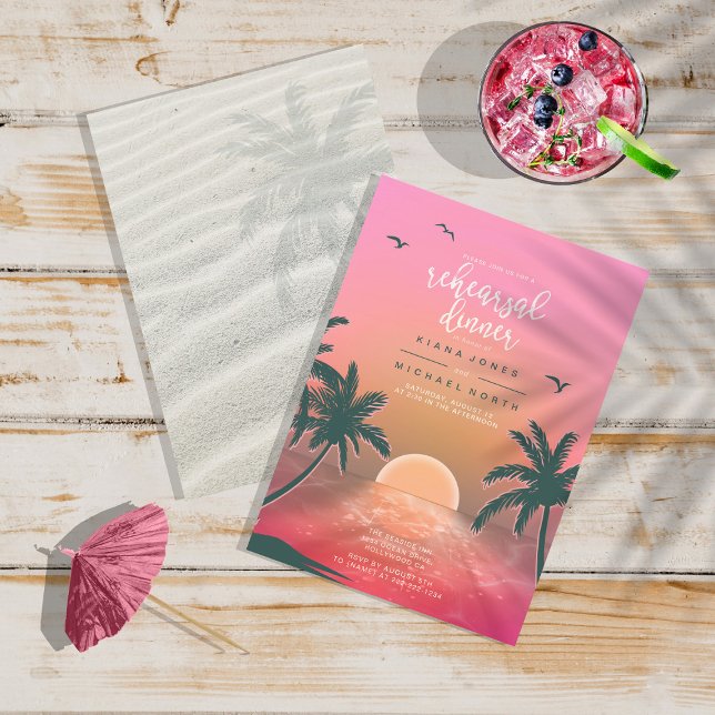 Tropical Isle Sunrise Rehearsal Dinner Rosa ID581 Inbjudningar (Front/Back In Situ)
