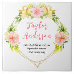 Tropical Jungle Floral Baby Birth Stats Kakelplatta<br><div class="desc">This fun and whimsical tile features watercolor pink and orange hibiscus flowers and foliage on a gold geometric frame. The text combines handwritten script and serif fonts for a stylish and modern look. It can be personalized with your baby's birth stats, such as name, size, date and time of birth,...</div>