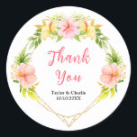 Tropical Jungle Floral Wedding Thank You Runt Klistermärke<br><div class="desc">This beautiful and elegant wedding thank you sticker features watercolor pink and orange hibiscus flowers and foliage on a gold geometric frame. The text combines handwritten script and serif fonts for a stylish and modern look. This is perfect for a summer tropical wedding.</div>
