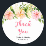 Tropical Jungle Floral Wedding Thank You Runt Klistermärke<br><div class="desc">This beautiful and elegant wedding thank you sticker features watercolor pink and orange hibiscus flowers and foliage. The text combines handwritten script and serif fonts for a stylish and modern look. This is perfect for a summer tropical wedding.</div>