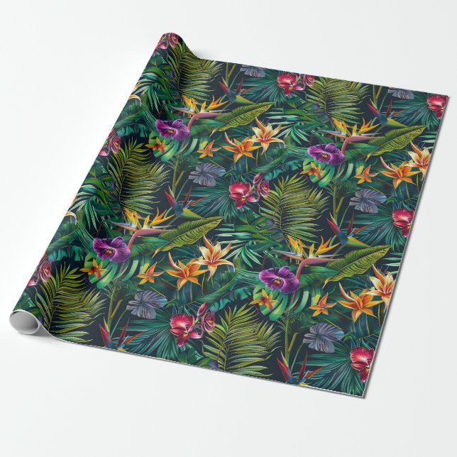 Tropical Jungle Flowers Presentpapper (Utrullad)