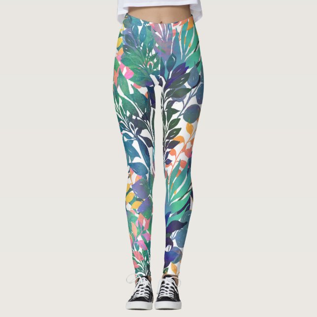 Tropical Jungle Foliage Watercolor Greenery Leggings (Framsida)