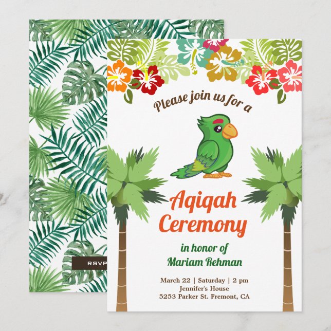 Tropical Jungle Forest Baby Parrot Aqiqah Inbjudningar (Fram/baksida)