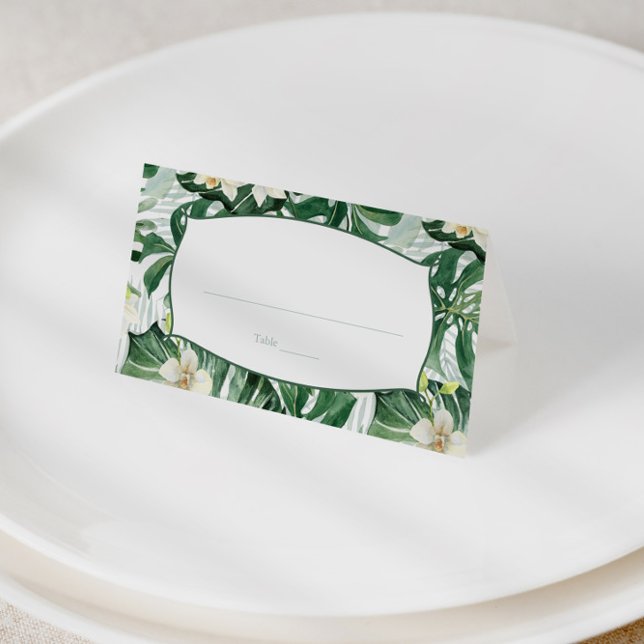 Tropical Jungle Löv Bröllop Food or Escort Placeringskort (Tropical leaves with white orchids wedding escort cards or food tents)