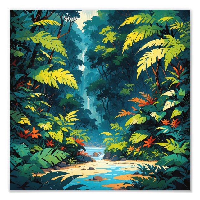 Tropical Jungle Paradise Lush Waterfall liggande Fototryck (Framsidan)