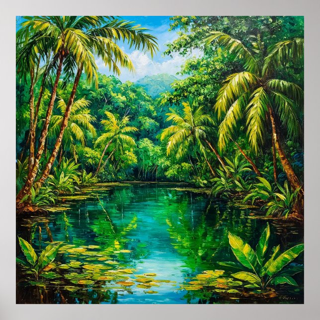 Tropical Jungle River Surroround by Lush Greenery Poster (Framsidan)