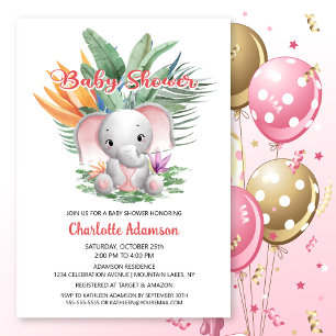Tropical Jungle Rosa Elephant Baby Shower Inbjudningar