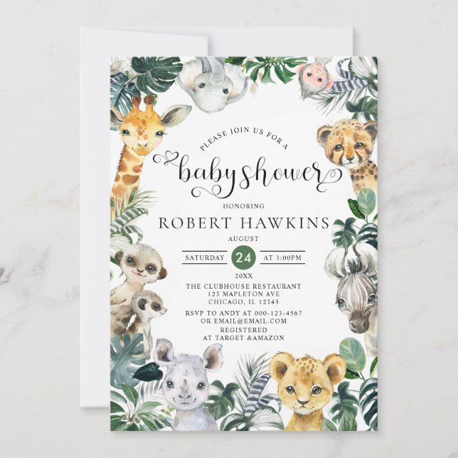 Tropical Jungle Safari Animals Baby Shower Inbjudningar (Framsida)