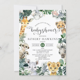 Tropical Jungle Safari Animals Baby Shower Inbjudningar