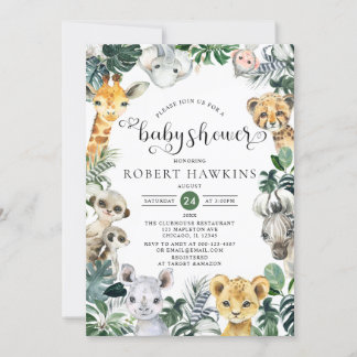 Tropical Jungle Safari Animals Baby Shower Inbjudningar