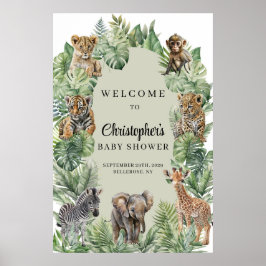 Tropical Jungle Safari Animals Baby Shower Välkomm Poster