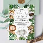 Tropical Jungle Safari Animals Boy Shower Inbjudningar<br><div class="desc">Fira att ditt lilla gungpaket med glädje kommer att komma,  med den här safari-temade babyduschinbjudan. Utformningen omfattar en grupp av ädelbara djungeldjur och tropiska grönska löv.</div>