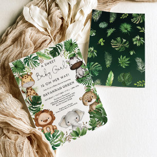 Tropical Jungle Safari Animals Girl Baby Shower Inbjudningar