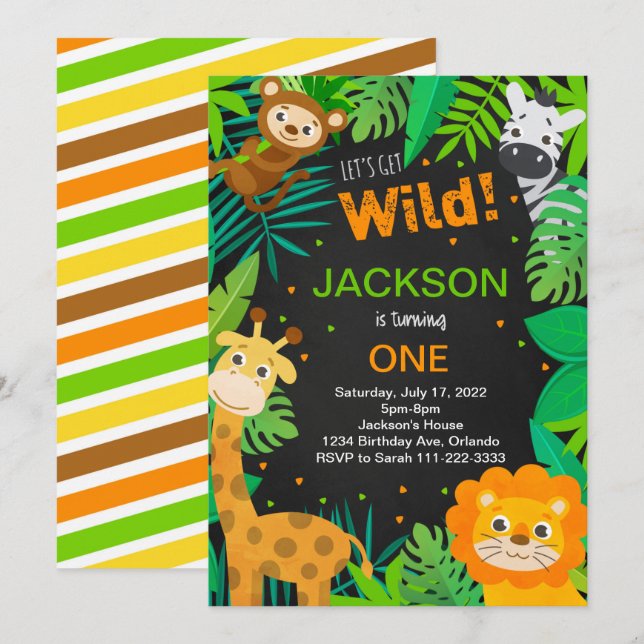 Tropical Jungle Safari Black Birthday-inbjudan Inbjudningar (Fram/baksida)