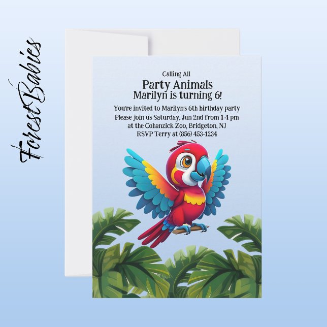 Tropical Jungle Safari Macaw Parrot Party Animal Inbjudningar (Macaw Parrot 🌴 Tropical Bird ForestBabies Customizable Birthday Party Animal Invitation)
