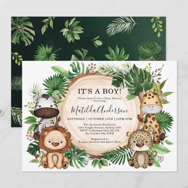 Tropical Jungle Vild Safari Animal Boy Shower Inbjudningar (Fram/baksida)