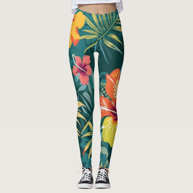 Tropical Kawung Batik med Hibiscus Leggings (Framsida)