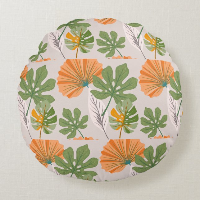 Tropical Leaf Composition in Orange and Green Rund Kudde (Framsidan)