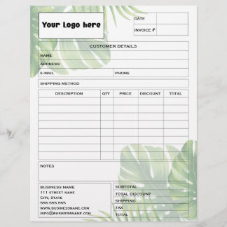Tropical Leaf Invoice Business Sales Form Receipt Brevhuvud