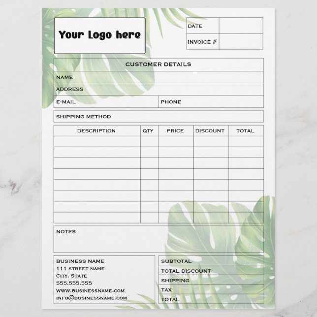 Tropical Leaf Invoice Business Sales Form Receipt Brevhuvud (Framsida)