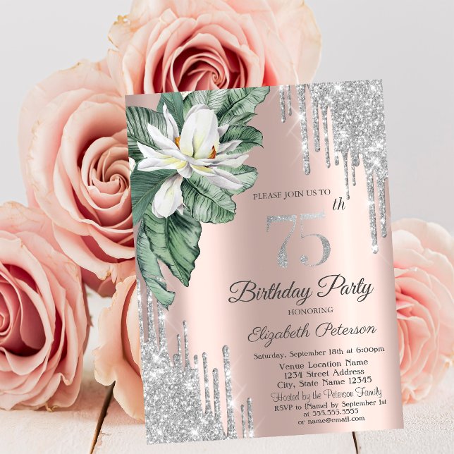 Tropical Leaf Magnolia Rose Gold Drips 75th  Inbjudningar (Skapare uppladdad)