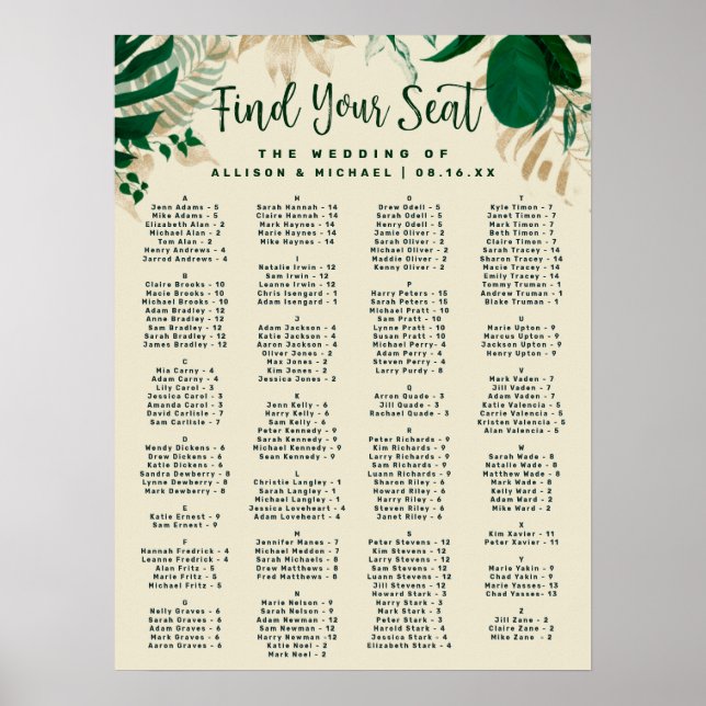Tropical Leaves Alphabetical Wedding Seating Chart Poster (Framsidan)