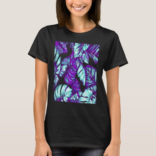 Tropical Leaves Of Banana and Monstera Blue Pink C T Shirt (Framsida)