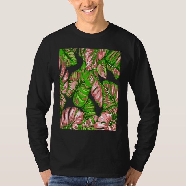 Tropical Leaves Of Banana and Monstera Pink Green  T Shirt (Framsida)