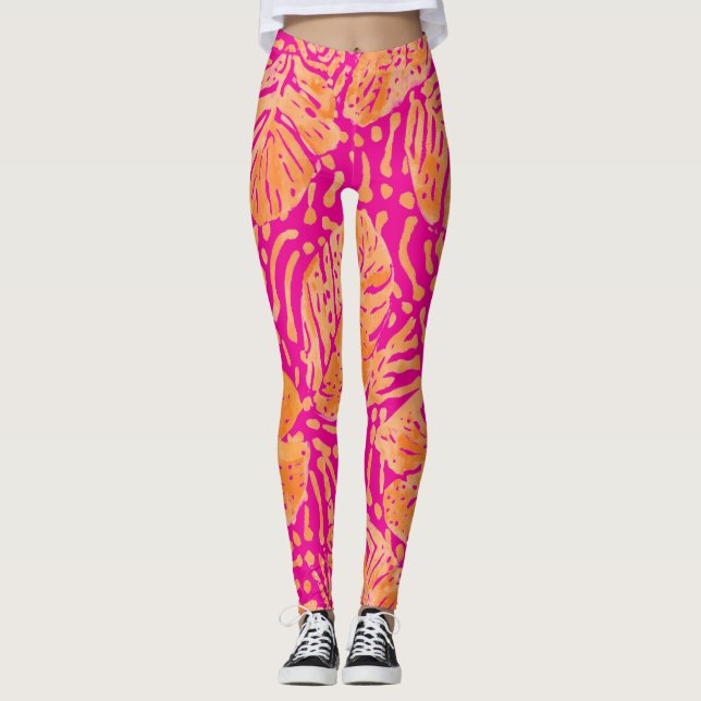 Tropical Leaves Pattern, shocking Pink, Orange  Leggings (Framsida)