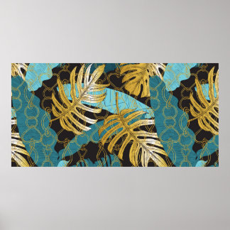 Tropical leaves under a curtain of gold chains. Se Poster