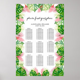 Tropical leaves wedding dinner seating chart poster
