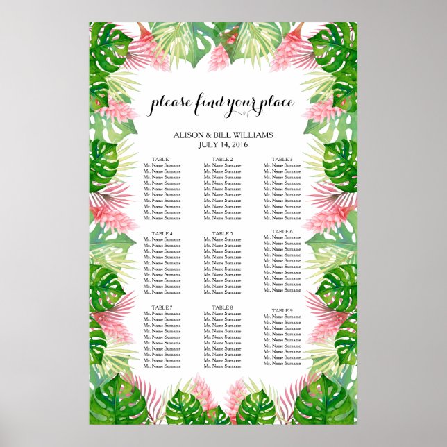 Tropical leaves wedding dinner seating chart poster (Framsidan)