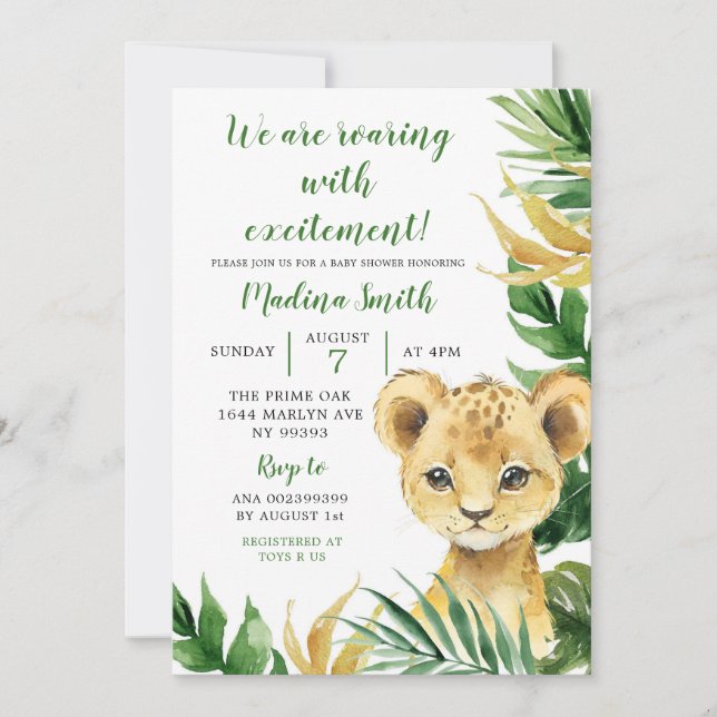 Tropical Lejon Unge Boy Baby Shower-inbjudan Inbjudningar (Framsida)