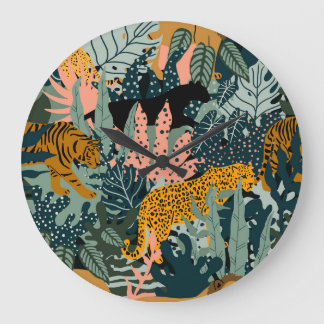 Tropical Leopard och Tiger Print Jungle Mönster Stor Klocka