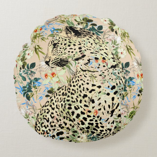 Tropical leopard print blommigt Hawaiian Rund Kudde (Framsidan)