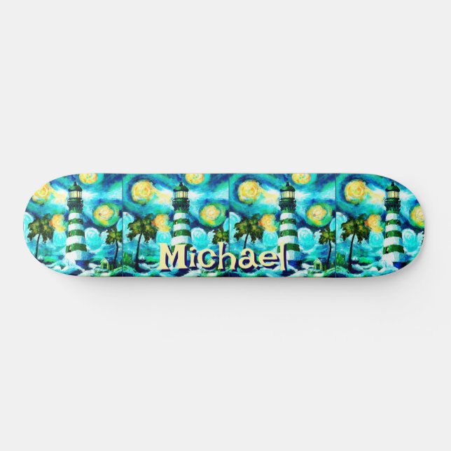 Tropical Lighthouse Coastal Nautical Personlig Mini Skateboard Bräda 18,5 Cm (Horz)