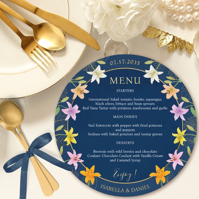 Tropical Lily Blue Teal och Guld Round Bröllop Meny (Tropical Lily Blue Teal and Gold Round Wedding Menu)