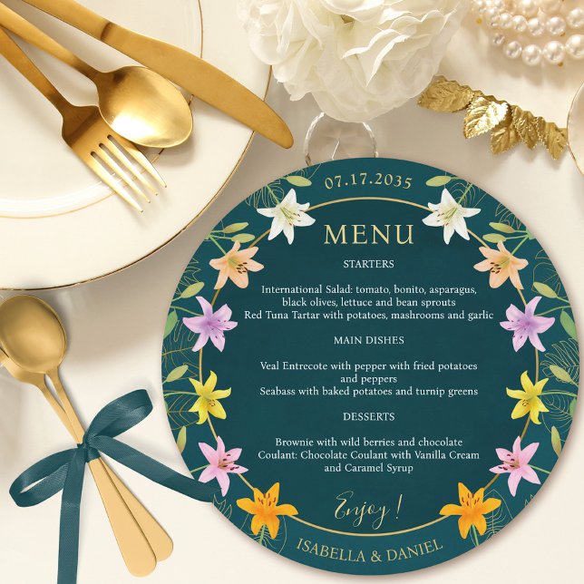 Tropical Lily Teal och Guld Round Bröllop Meny (Tropical Lily Teal and Gold Round Wedding Menu)