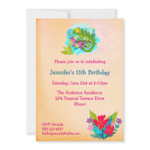 Tropical Lizard med Flowers Luau Birthday Inbjudan