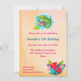 Tropical Lizard med Flowers Luau Birthday Inbjudan