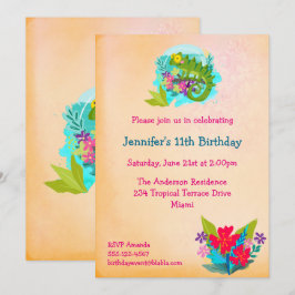 Tropical Lizard med Flowers Luau Birthday Inbjudan