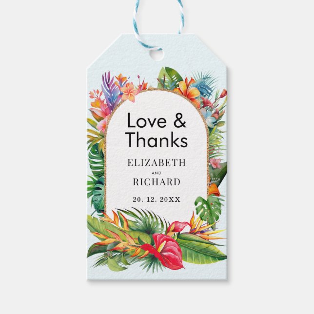 Tropical Löv Blommigt Beach Wedding Presentetikett (Framsidan)