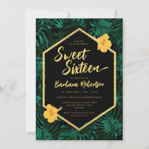 Tropical Löv Blommigt Grönt Guld Sweet sixteen Inbjudningar