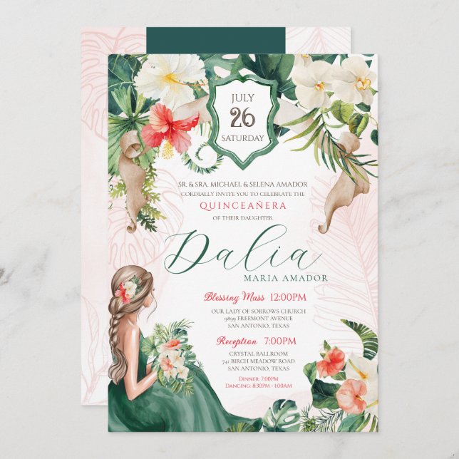 Tropical Löv Emerald Grönt Blommigt Quinceanera Inbjudningar (Fram/baksida)